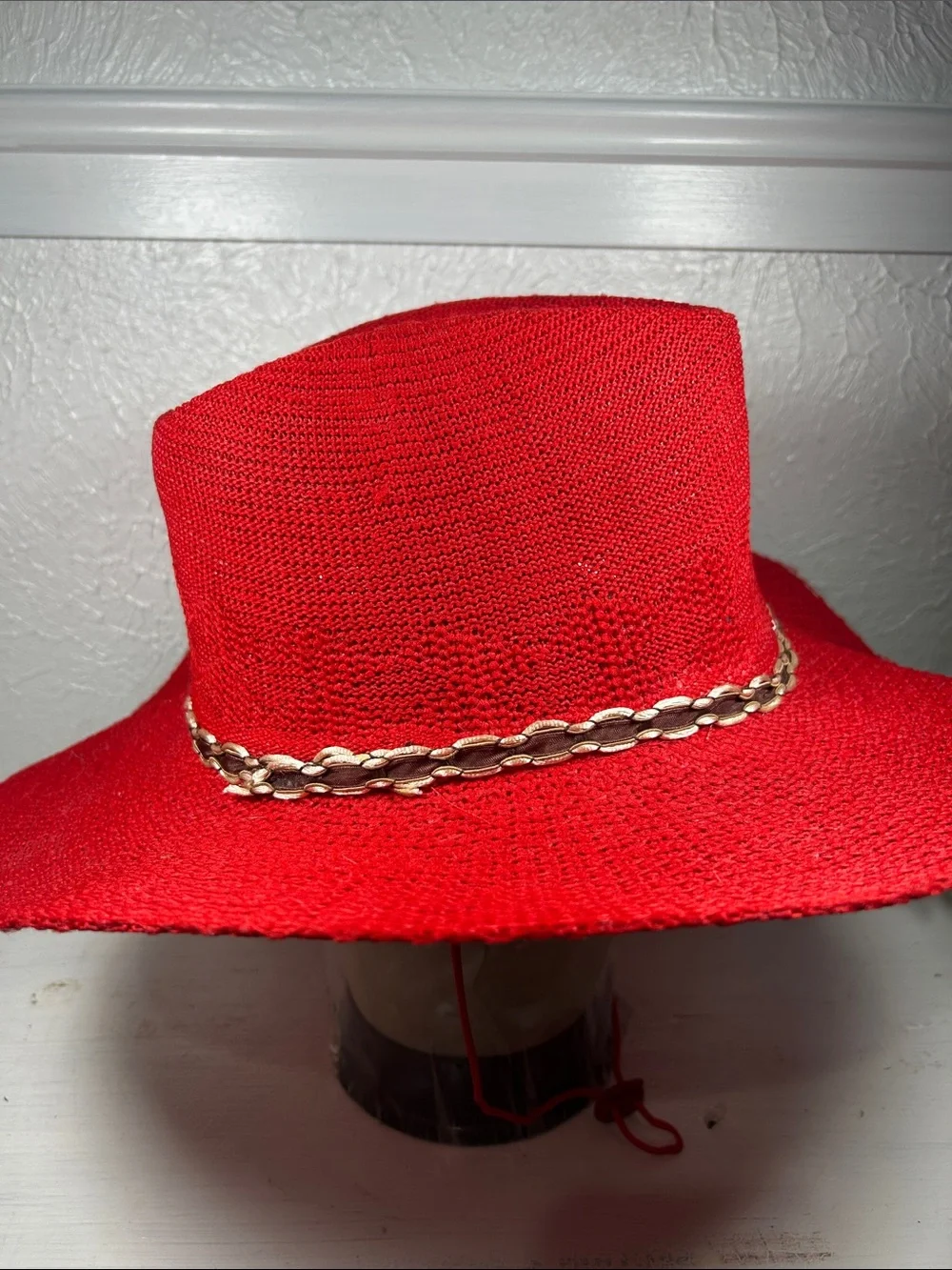 Red Woven Knit Cowboy Hat with Gold Ribbon Accent Chin Strap Summer Western Hat - Picture 3 of 11